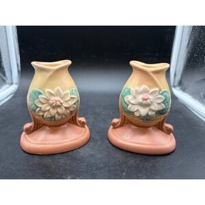 Vintage Hull Art Pottery Magnolia Candle Holders Pair L-22 Matte Pink Yellow USA